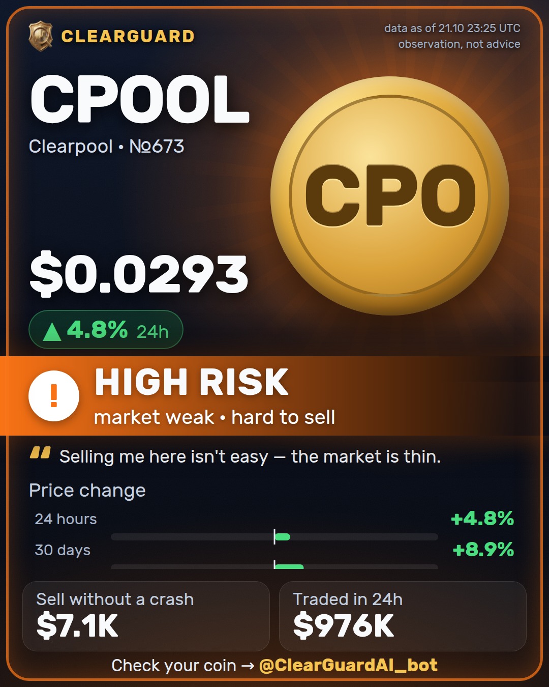 CPOOL · Clearpool — HIGH RISK