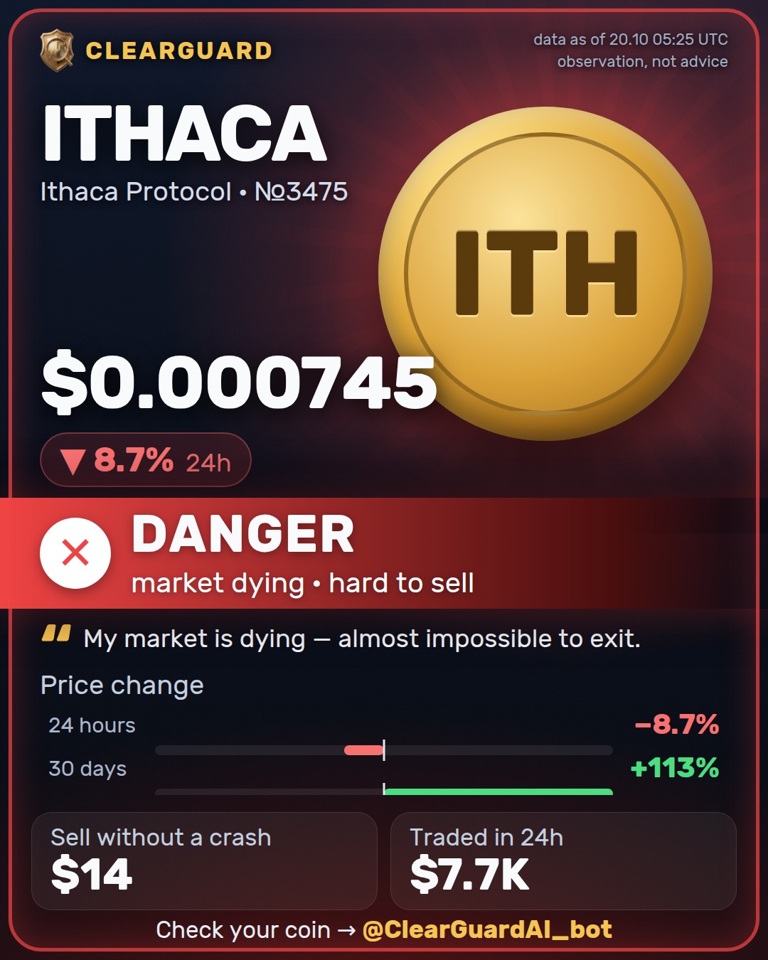 ITHACA · Ithaca Protocol — DANGER