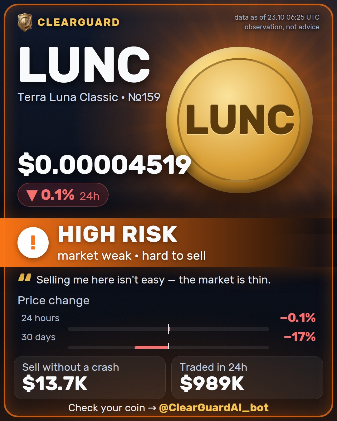 LUNC · Terra Classic (Wormhole) — HIGH RISK