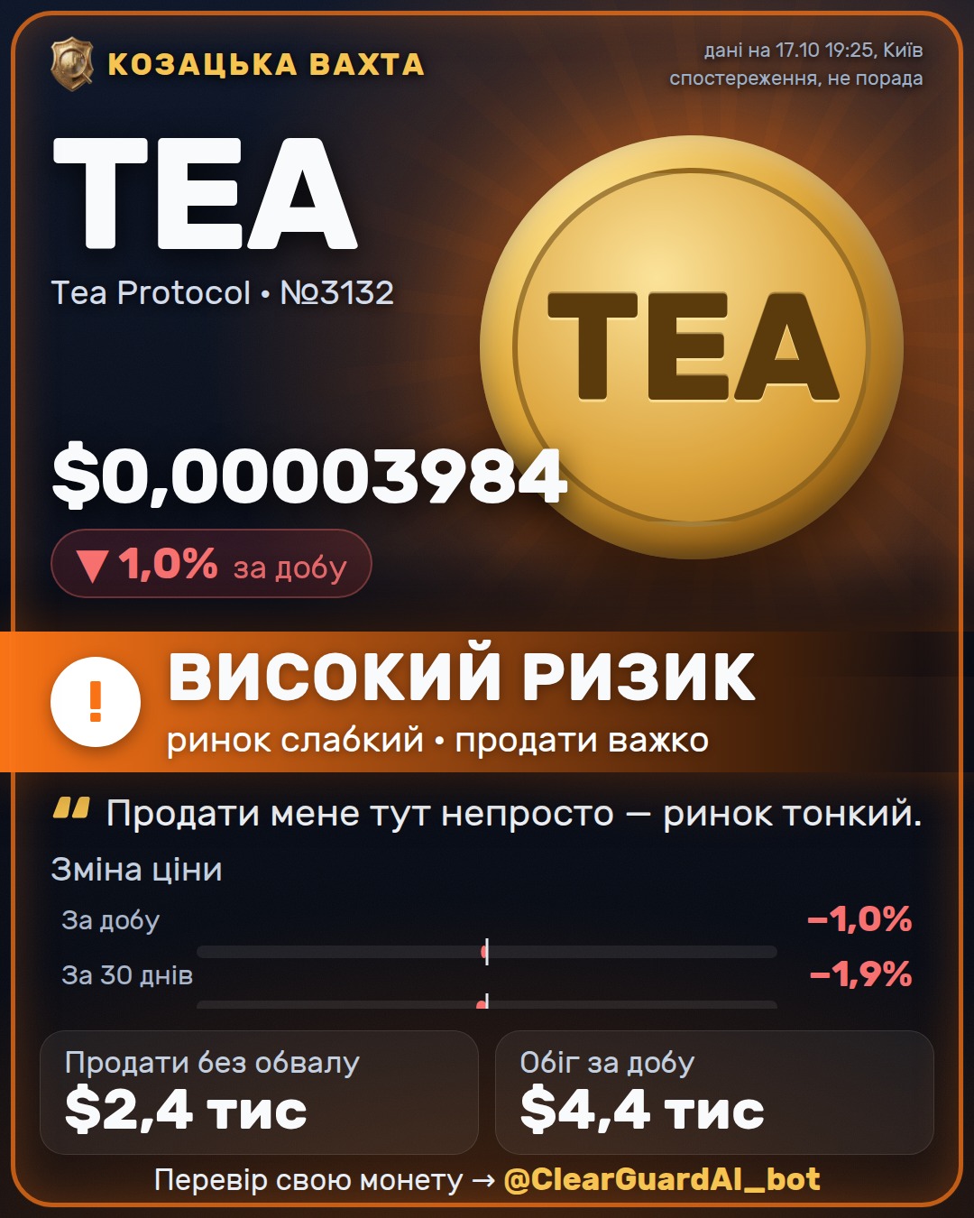 TEA · Tea Protocol — ВИСОКИЙ РИЗИК