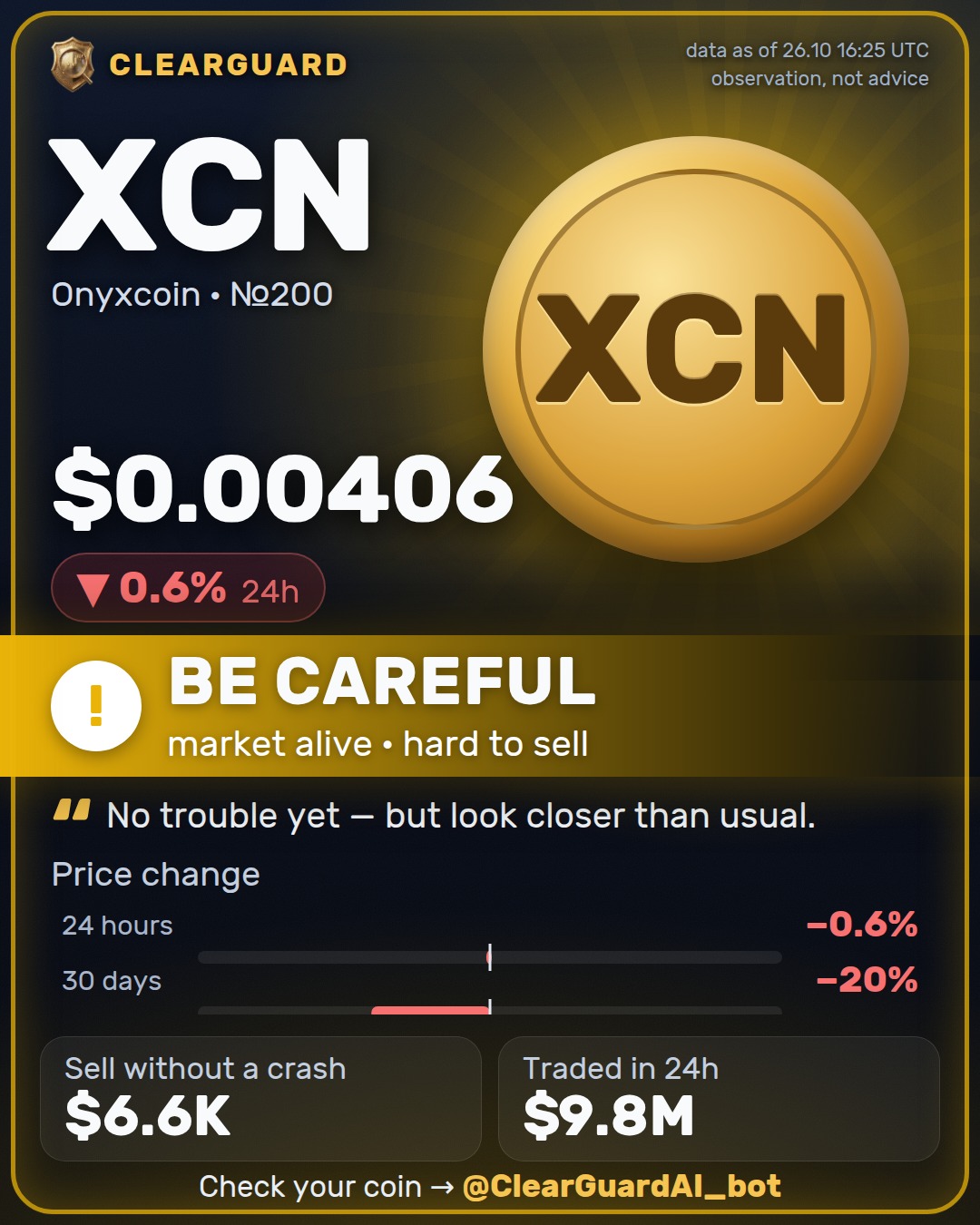 XCN · Onyxcoin — HIGH RISK